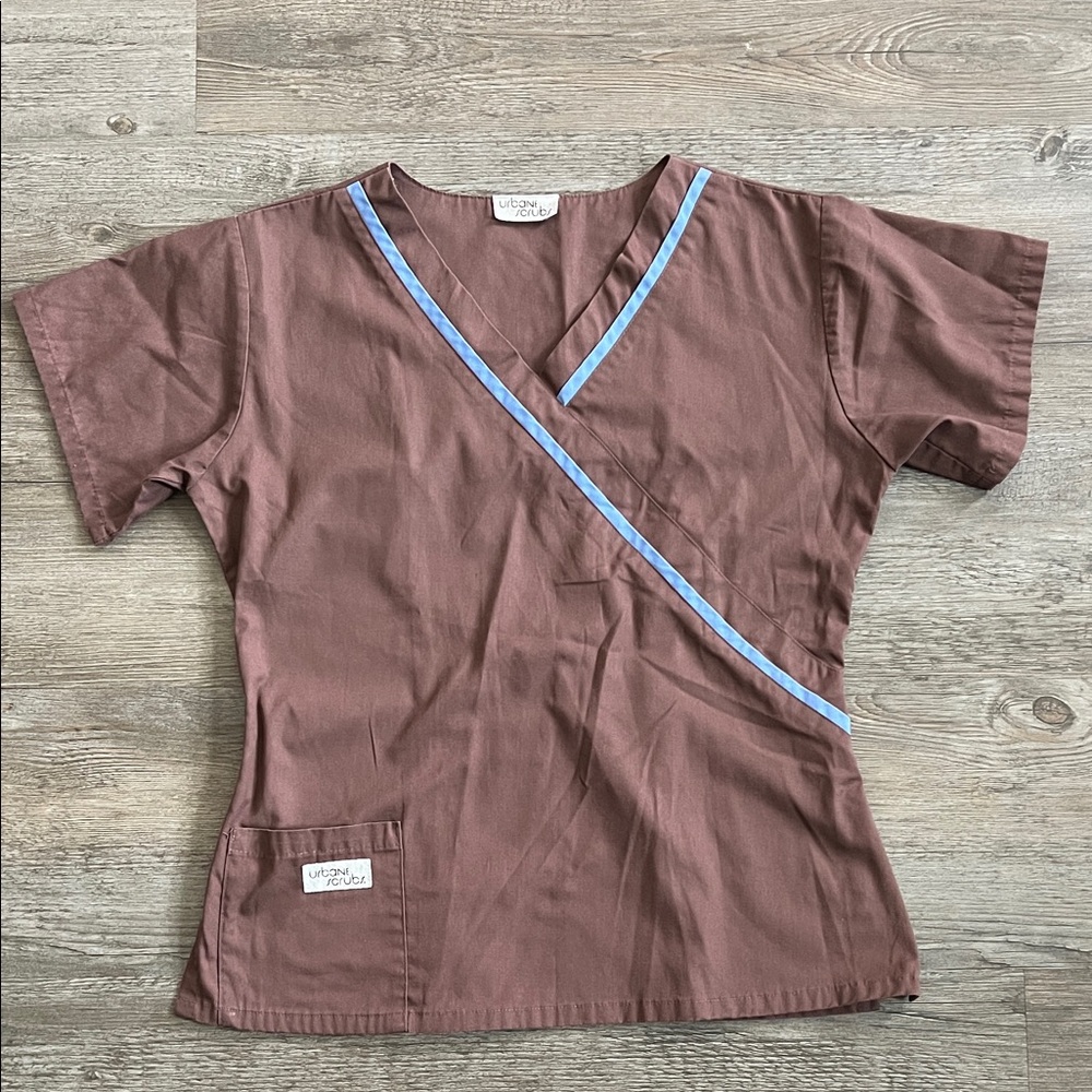 Urbane Scrubs Chocolate Brown Scrub Top with Sky Blue Accents
